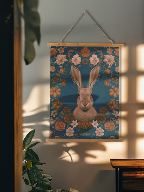 Large wall tapestry featuring a detailed rabbit portrait surrounded by copper and pink flowers on a deep teal background, mounted on wooden dowels with twine for hanging.
